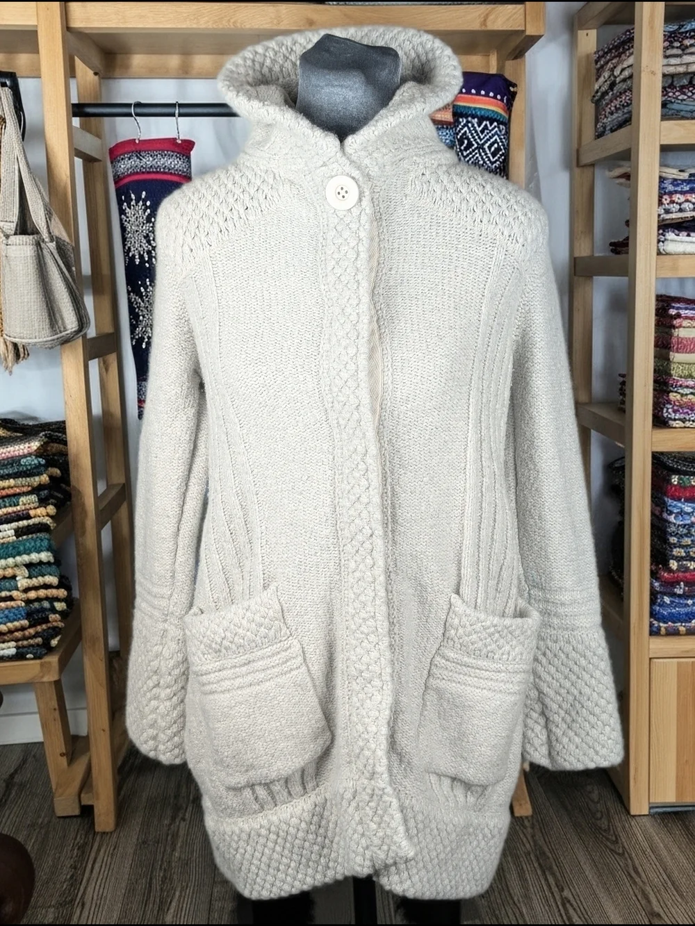 prAna Eslin Cardigan Knit Sweater Women's S Snap Button Pockets  Bone White‎